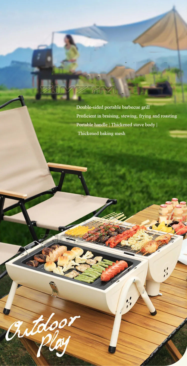 Double Sided Charcoal Grill Multi-Functional Portable Outdoor BBQ Grill Roasted Fried Chimney Stove For Cooking Camping Picnics