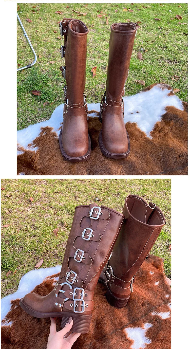 Women's High Platform Boots Metal Buckle Thick Heel Motorcycle Boots Vintage Soft Leather Punk Boot Brown Leather Knight Boot