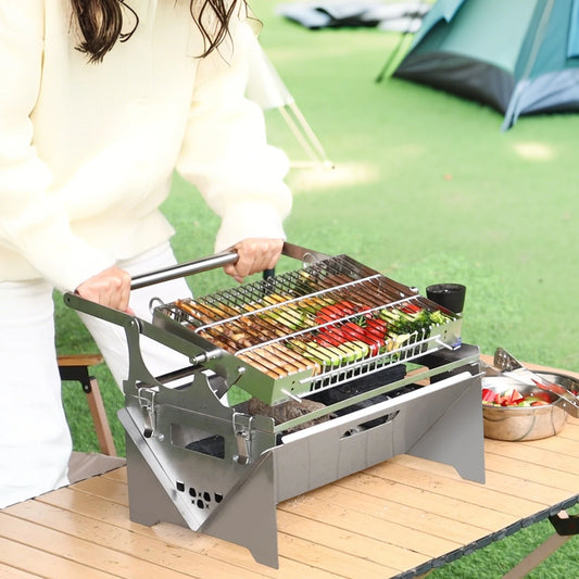 360° Rotating Charcoal BBQ Grills Stainless Steel Flipping Barbecue Grill Portable Folding Grill for Outdoor Camping Picnic