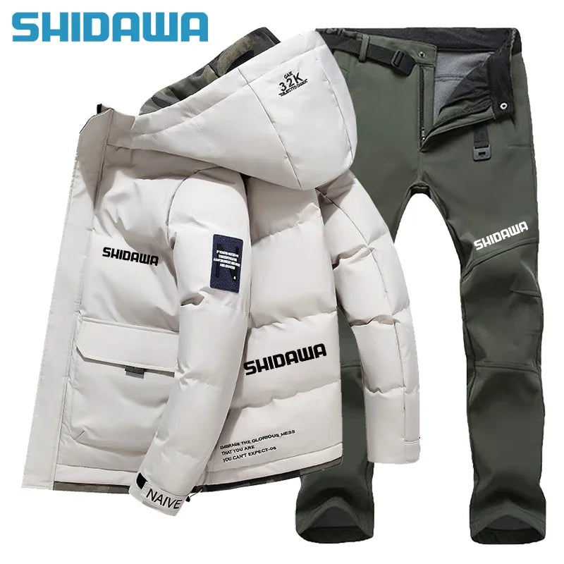 New Men suit Autumn Winter Warm Fishing Clothes Set Casual Thickened Hooded Down Cotton Jacket + Fleece Waterproof Fishing Pants