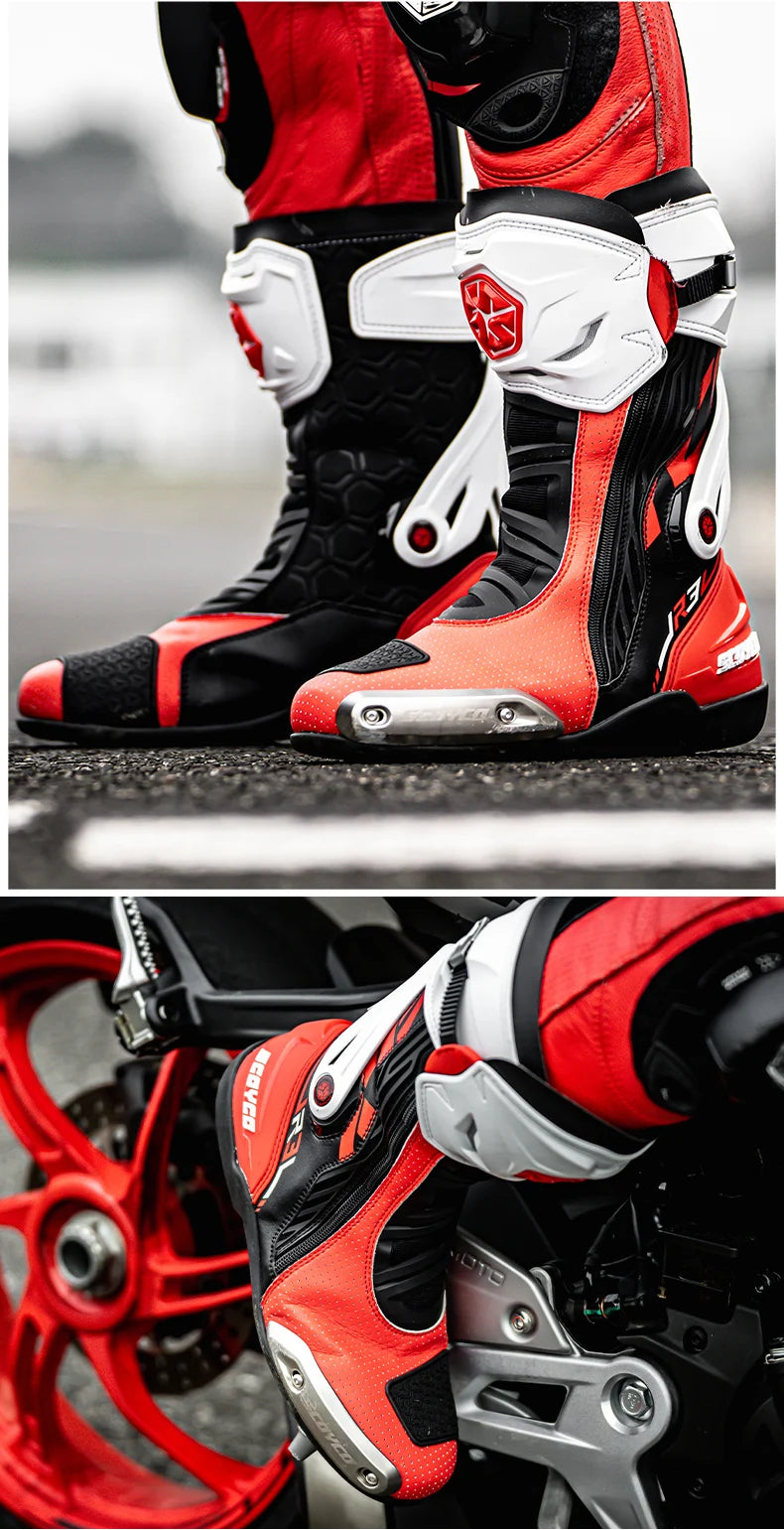 SCOYCO Motorcycle Boots Men Non-slip Anti-fall Professional Motorbike Racing Track Long Boots Mid-Calf Riding Protective Shoes
