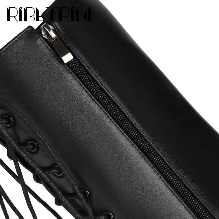 Cool Women Motorcycle Boots High Heeled Knee High Sassy Platform Shoes Lace Up Zip Luxury Designer Brand Winter Street Booties