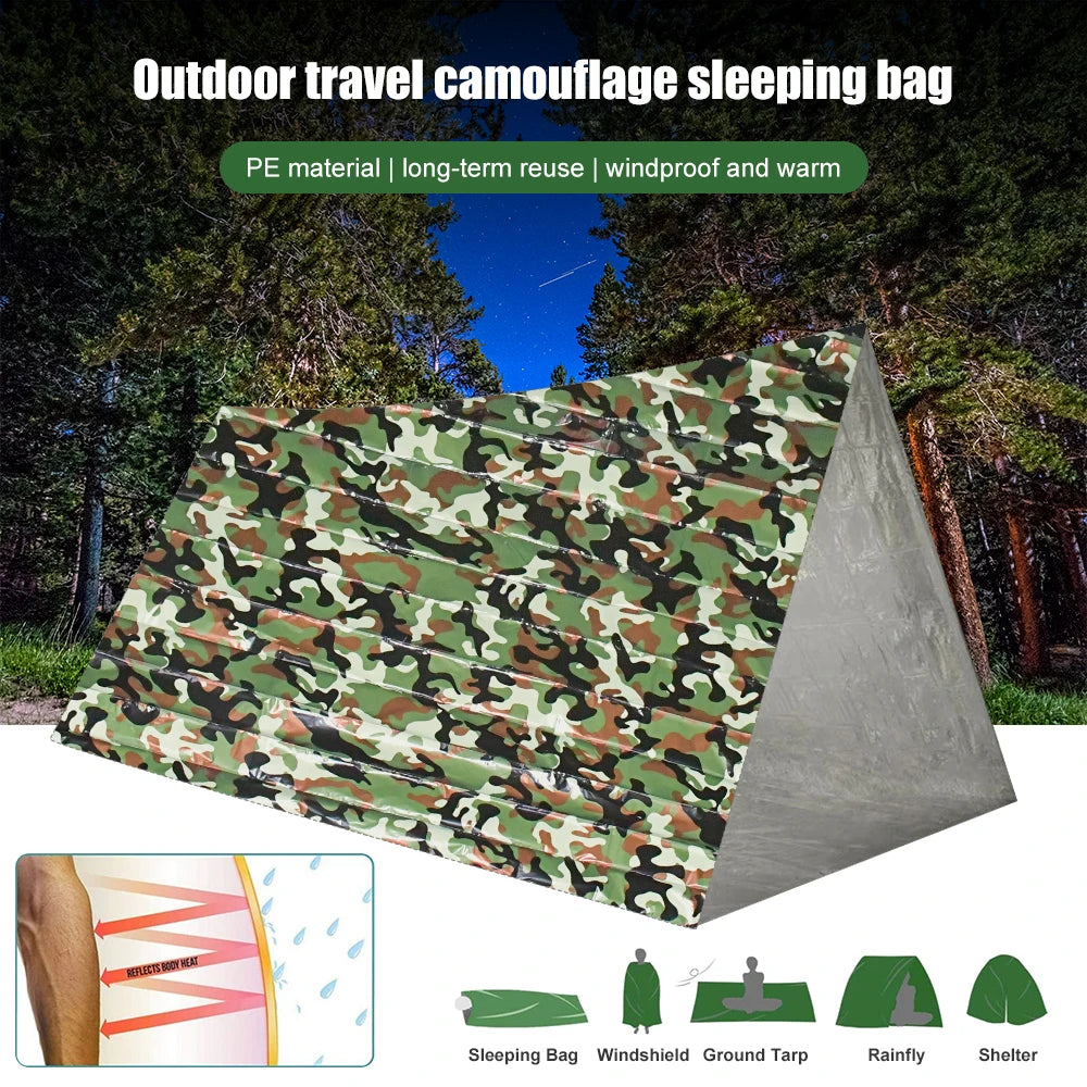 PE Emergency Sleeping Bag Camouflage Waterproof Survival Sleeping Bag 120x200cm 2 Person Outdoor Camping Bed with Storage Bag