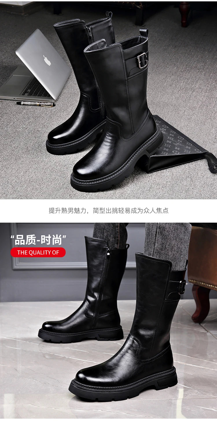 Tall Boots for Men Made of Leather with Increased Height and Soft Sole Western Cowboy Plush Insulation Knight Ankle Riding