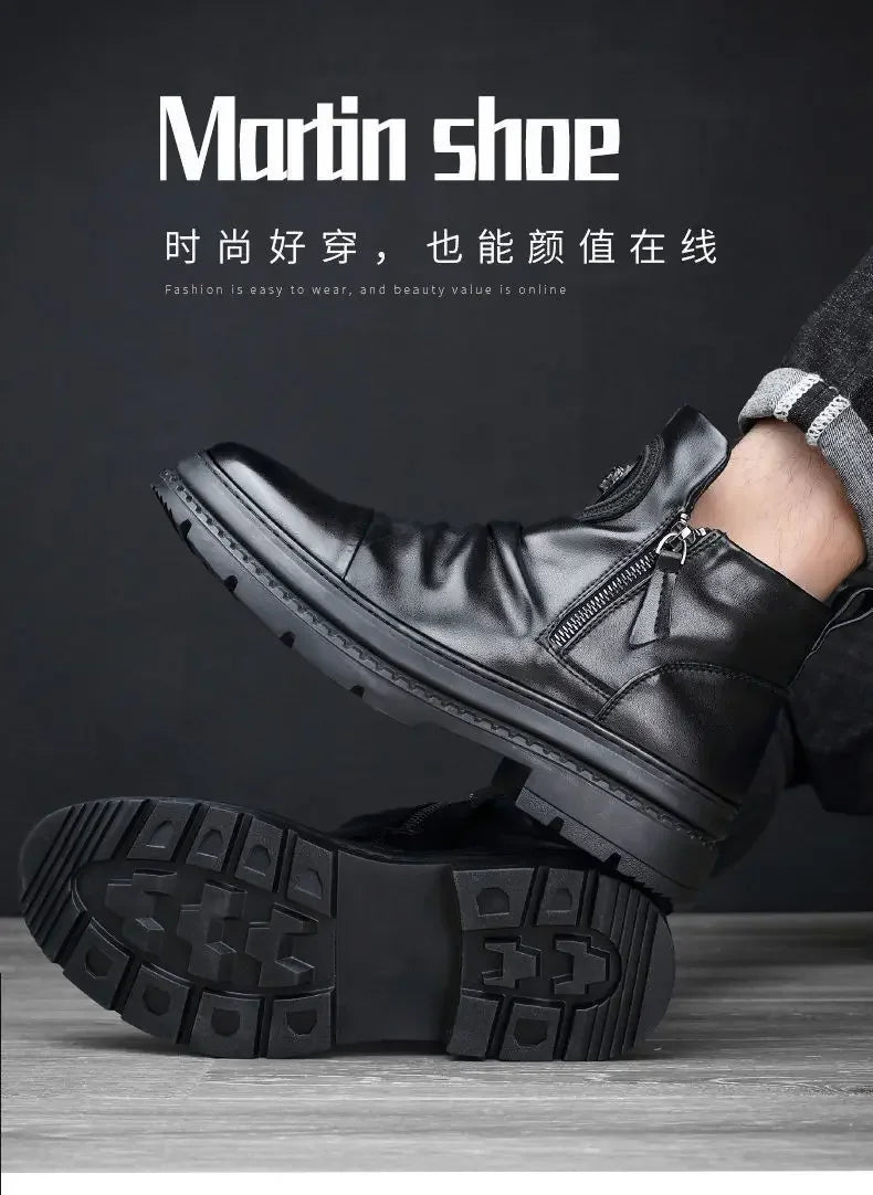 Men's Motorcycle Leather Boots British Style Round Head High Top Shoes Side Zip Walking Casual Platform Boots Bota Masculina