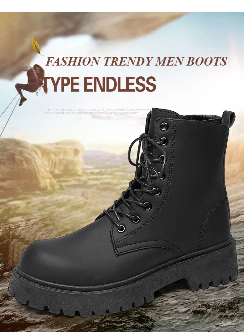 Black Leather Boots for Men High Top Platform Lace Up Light Fashion Motorcycle Boots British Style Men's Waterproof Casual Boots