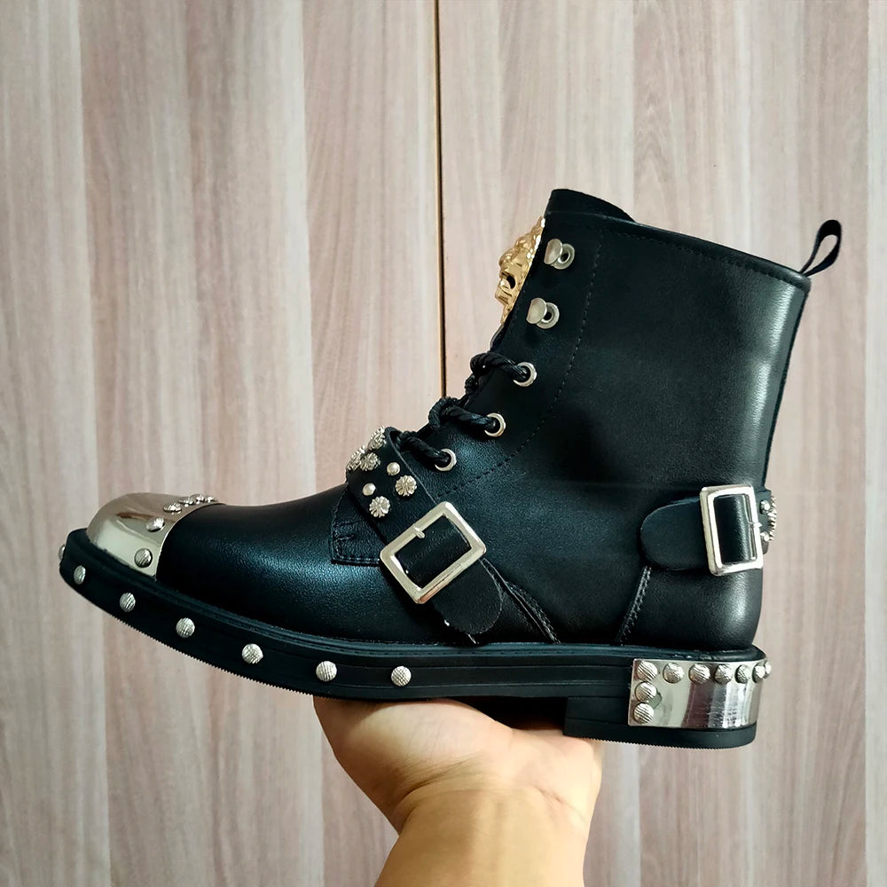 New high quality heavy metal men's fashion motorcycle casual popular ankle boots Autumn winter luxury tall boots pocket boots A6