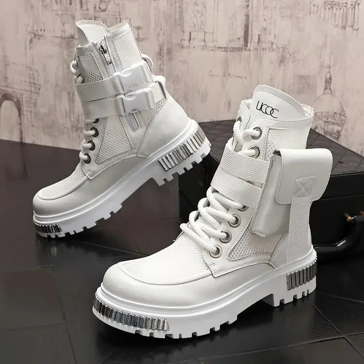 2025 New Men's Thin High-Top New Mid-Calf Motorcycle Height Increasing Insole Summer Ankle Boots Hollow out