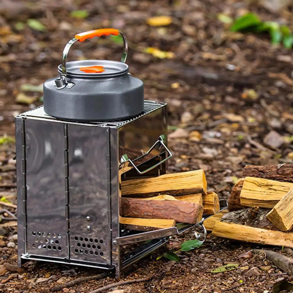 Stainless Steel Wood Burning Stove Outdoor Hiking Picnic BBQ Cooking Folding Stove Wood Burner Camp Stove with Ash Tray