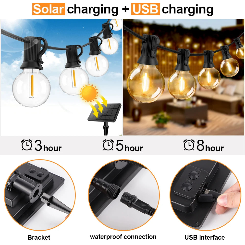 Outdoor Solar LED Garland Waterproof String Lights with Digital Display Remote Control 25-98ft Decorative Garden Lighting