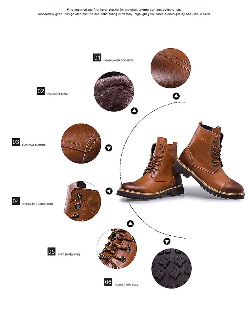Genuine Leather Men's Boots Plush Warm Winter Boots High Quality Men Motorcycle Boots Fashion Tooling Shoes