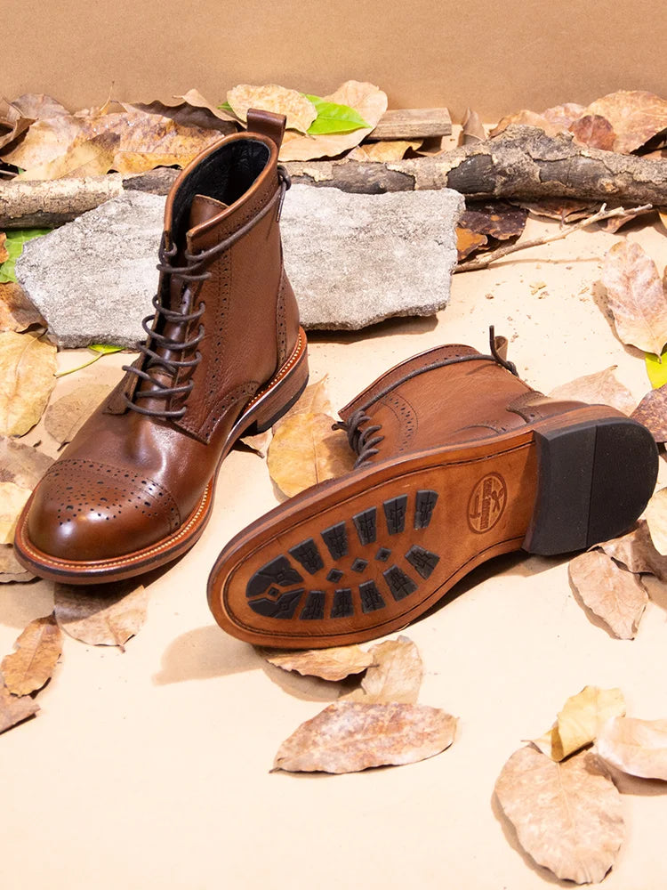 US 6-10 Business Man Mature Office Carving Brogue Shoes Men's Cowhide Top Layer Retro Genuine Leather Suit Boots