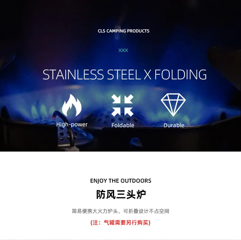 Three-Headed Camping Gas Stove BBQ Grill Set, Portable Outdoor Cooking Equipment