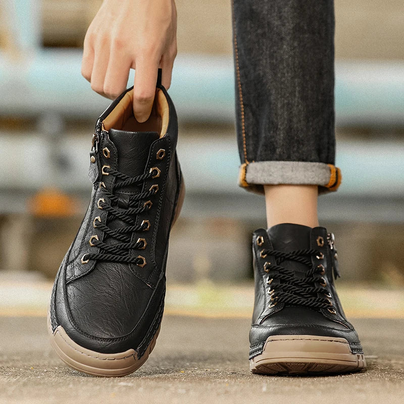 Men's High Top Leather Ankle Boots Comfortable Motorcycle Boots Non Slip Walking Training Shoes Botas Outdoor Treking Footwear