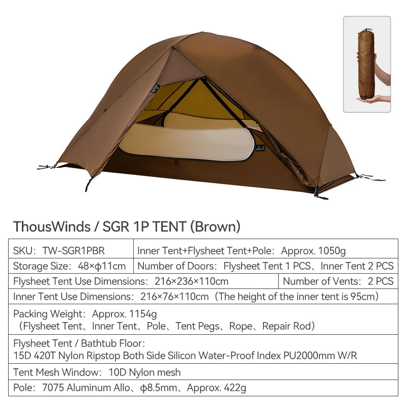 Thous Winds SGR 1-Person Backpacking Tent, 3-Season Ultralight Hiking Tent, 15D Nylon Ripstop Both Side Silicon Camping Tent