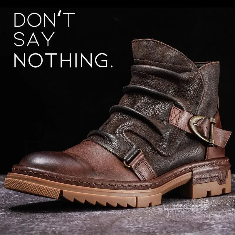 2025 Retro Men's Motorcycle Leather Boots British Style Round Head High Top Shoes Casual Platform Boots Moto Street Gear