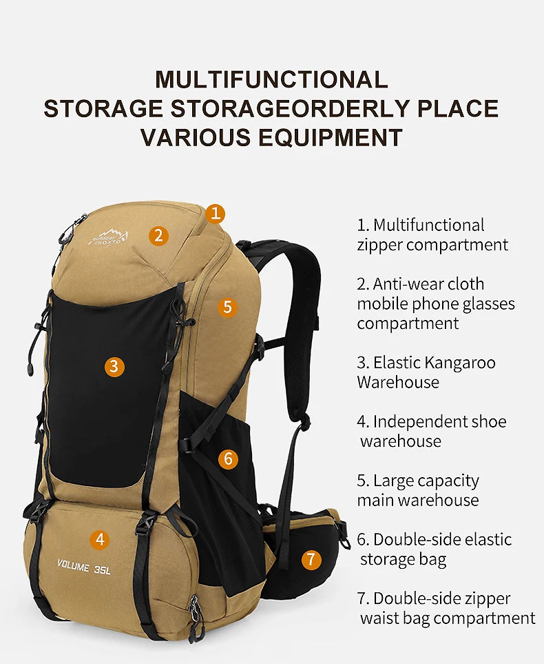 Internal frame waterproof hiking camping backpack with rain cover, large lightweight travel day backpack for climbing