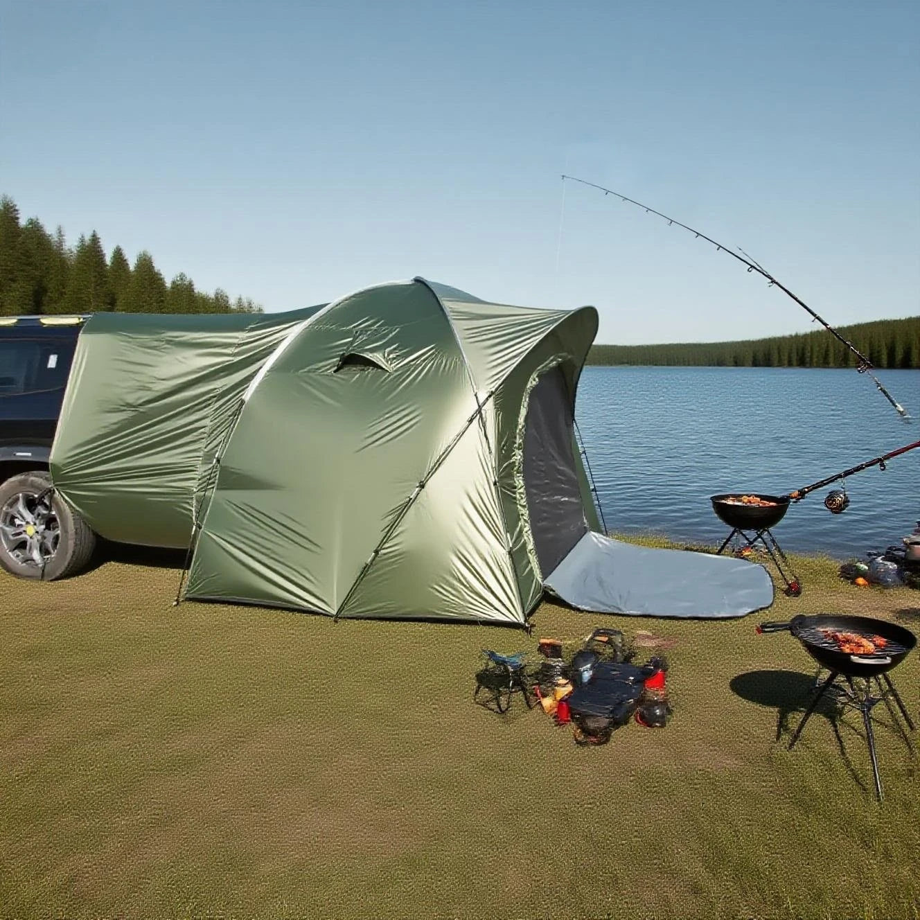 3-4 Person SUV Camping Tent PU4000 Waterproof with Mesh Bug Door, Cross-Ventilated Quick-Pitch Design, Built-In Floor