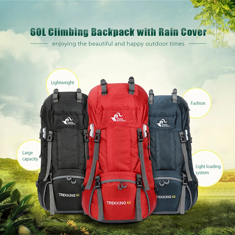 60L Camping Hiking Backpacks Men Outdoor Tourist Backpacks Nylon Sport Bag for Climbing Travelling with Rain Cover Free Knight