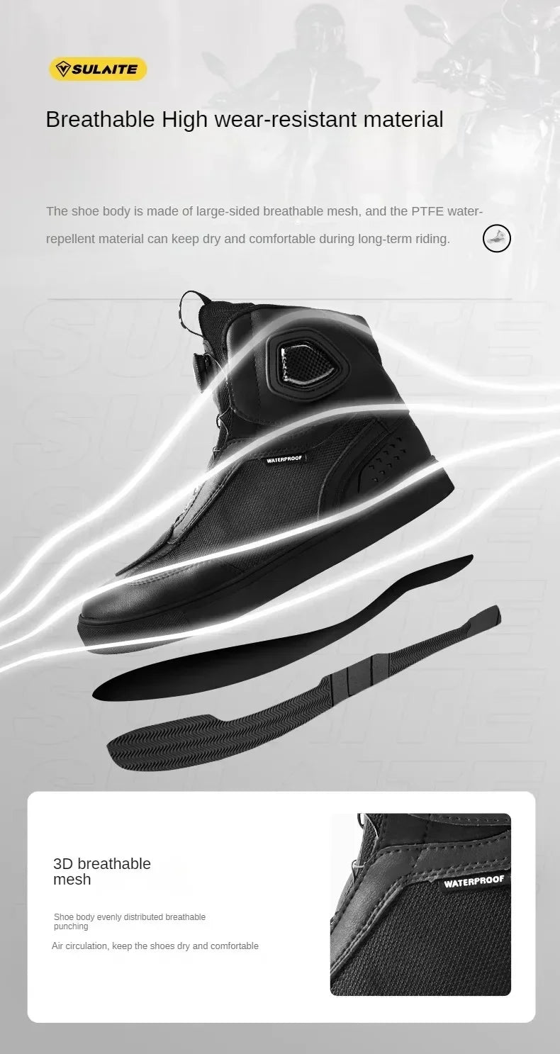 Sulaite Motorcycle Boots Men Waterproof Motorcyclist Boots Black Leather Motocross Boots Breathable Moto Biker Shoes