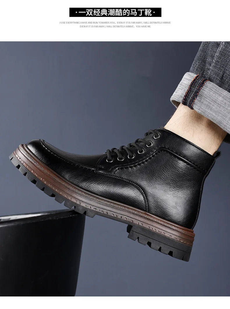 2025 Autumn Winter New Platform Boots for Men Keep Warm Fashion Casual Ankle Boot Male Solid Color Outdoor Cow Leather Shoes Man