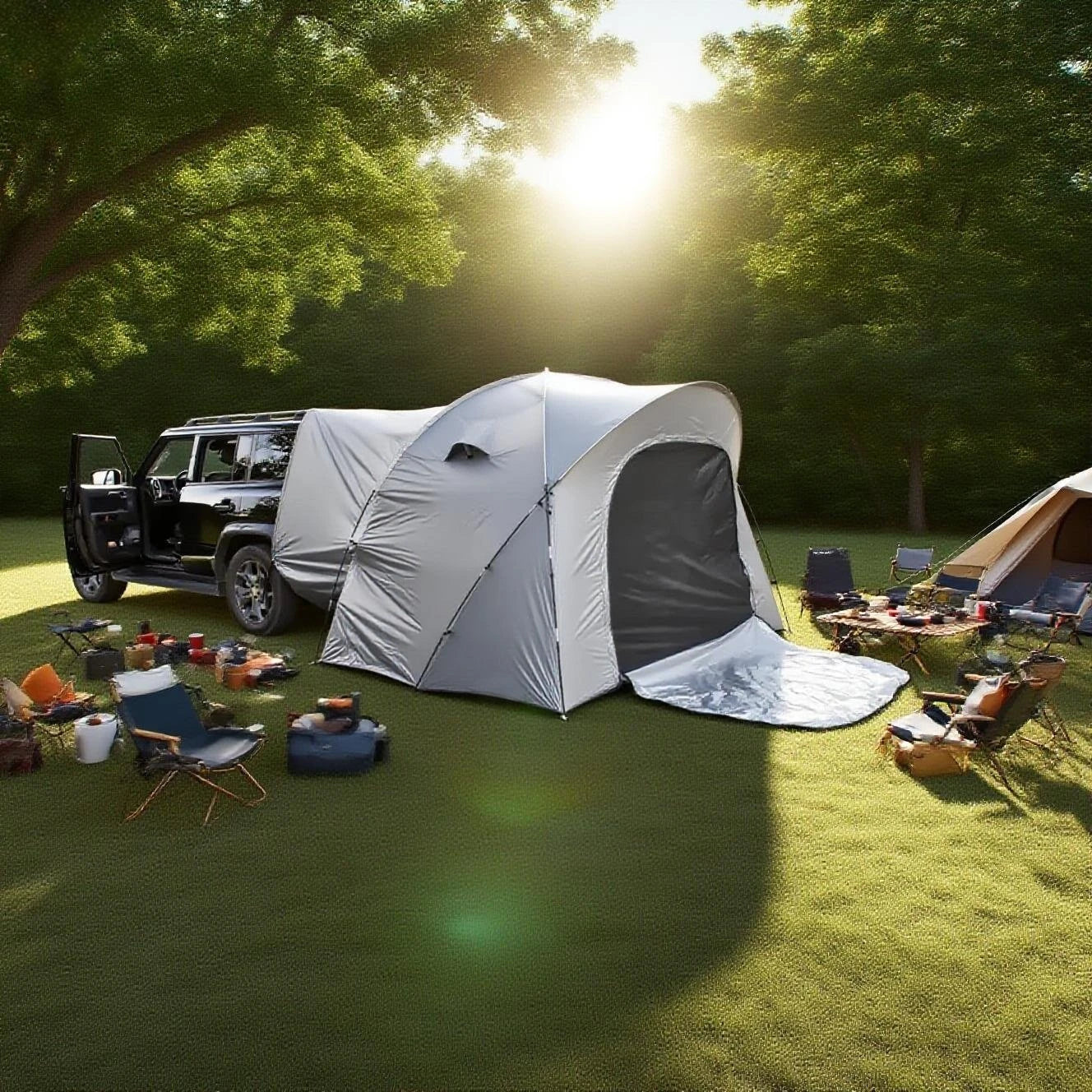 3-4 Person SUV Camping Tent PU4000 Waterproof with Mesh Bug Door, Cross-Ventilated Quick-Pitch Design, Built-In Floor
