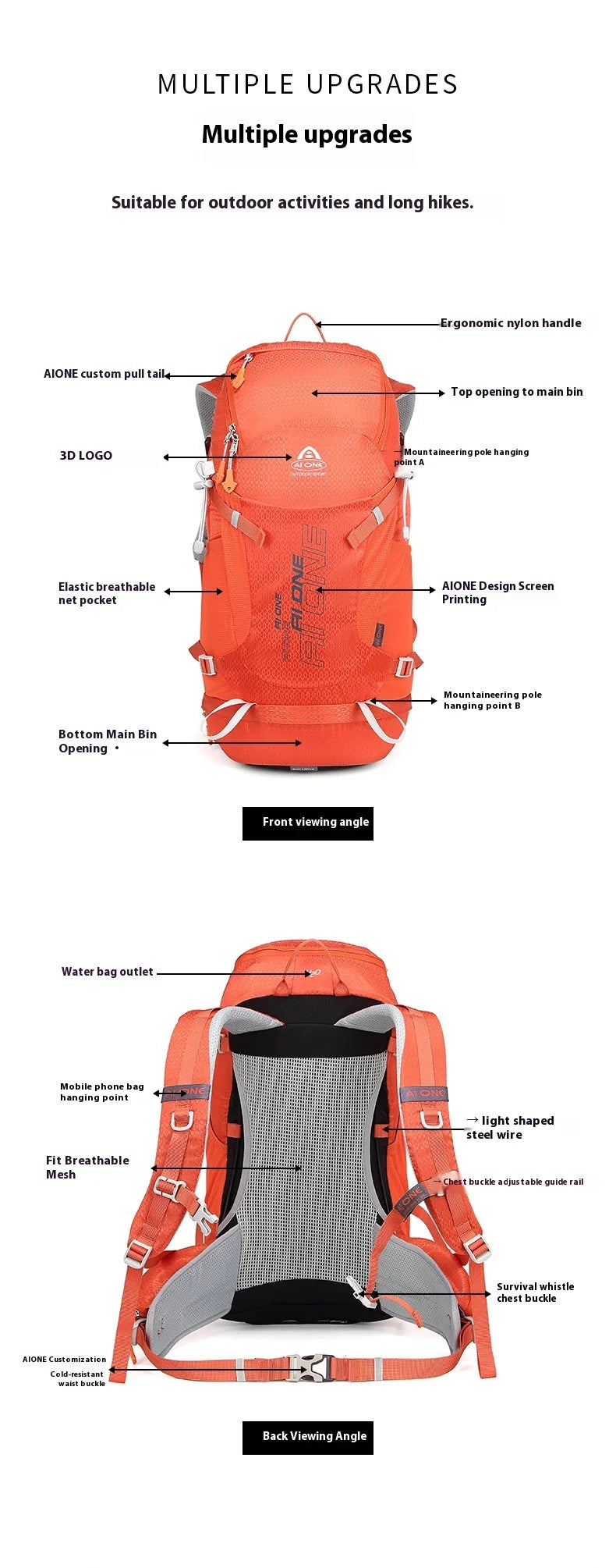 32L Large Capacity Hiking Backpack Lightweight Outdoor Climbing Bag for Men Women, Trekking Camping Mountaineering Bag Aione