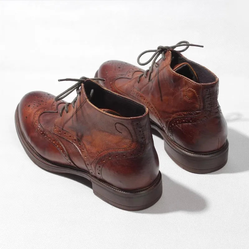 Casual Handmade Vintage Cowhide Genuine Leather Short Boots Men Carving Design High Top Cargo Shoes Men Lace Up Motorcycle Boots