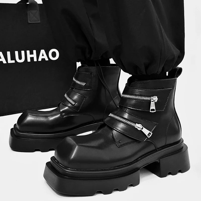 men fashion punk hip hop platform boots brand designer shoes cowboy original leather boot stylish square toe motorcycle botas