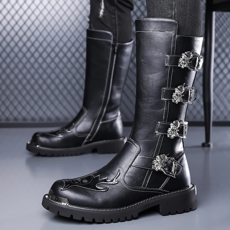 Fashion Men's Leather Shoes Keep Warm High Top Shoes All-match Outdoor Male Motorcycle Boots Mid-Calf Boots Leisure Walk Botas