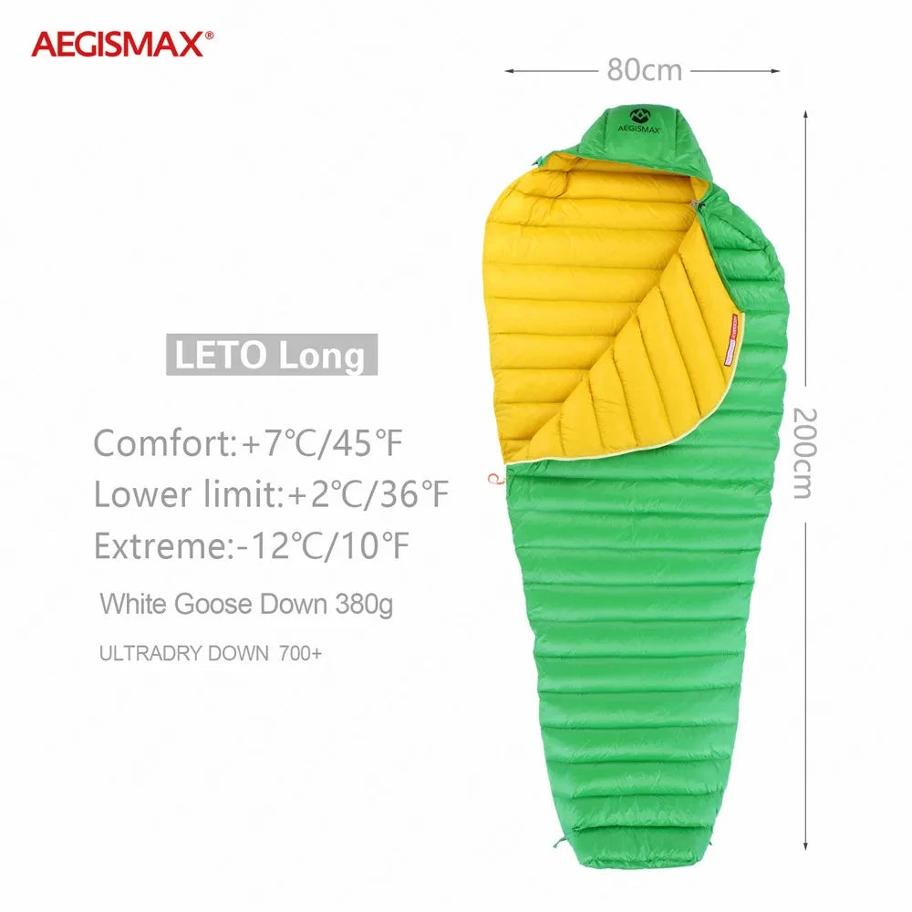 AEGISMAX LETO Outdoors White Goose Down Sleeping Bag Waterproof Camping Travel 36℉~45℉ Small Packing Down Sleeping Bag FP700+