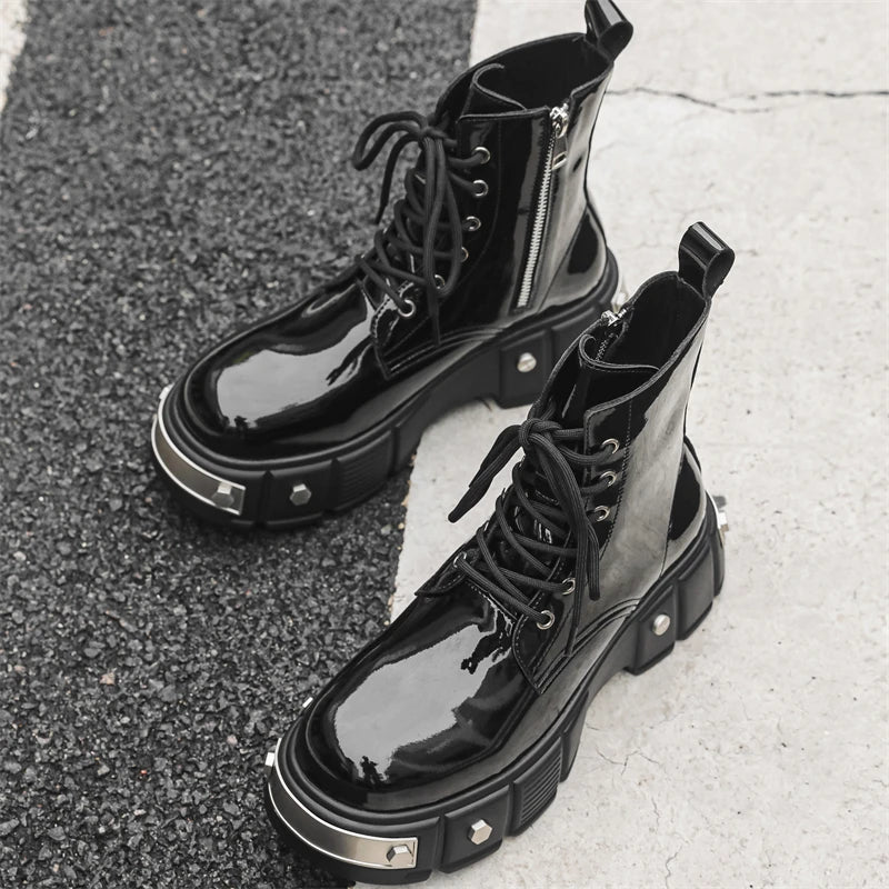men's casual punk goth dress patent leather boots brand designer shoes cowboy platform boot cool long motorcycle botas masculina