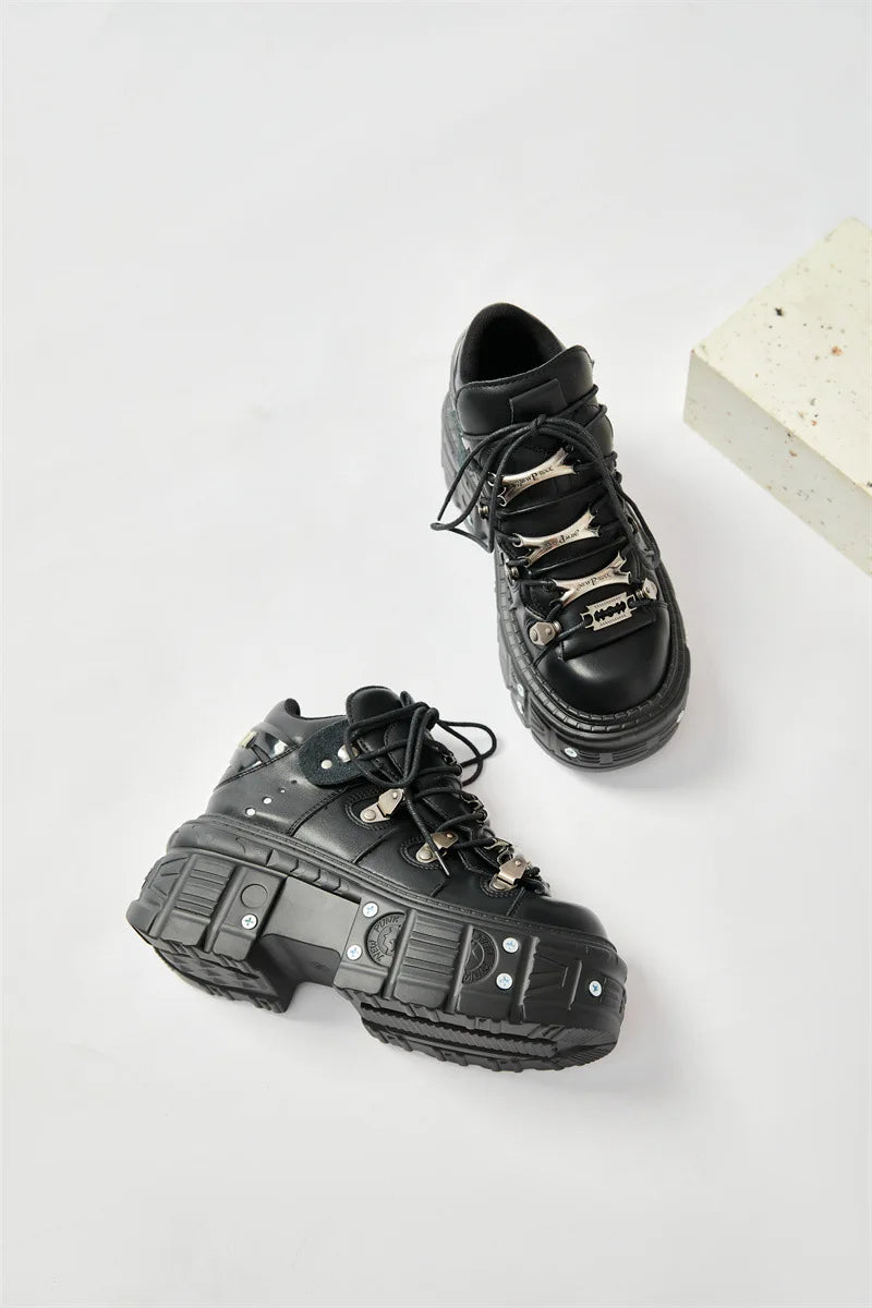 2025 New Punk Style Women Black Rock Metal Decor Lace-up Heel Height Platform Shoes Gothic Man Sneakers Women Ankle Boots