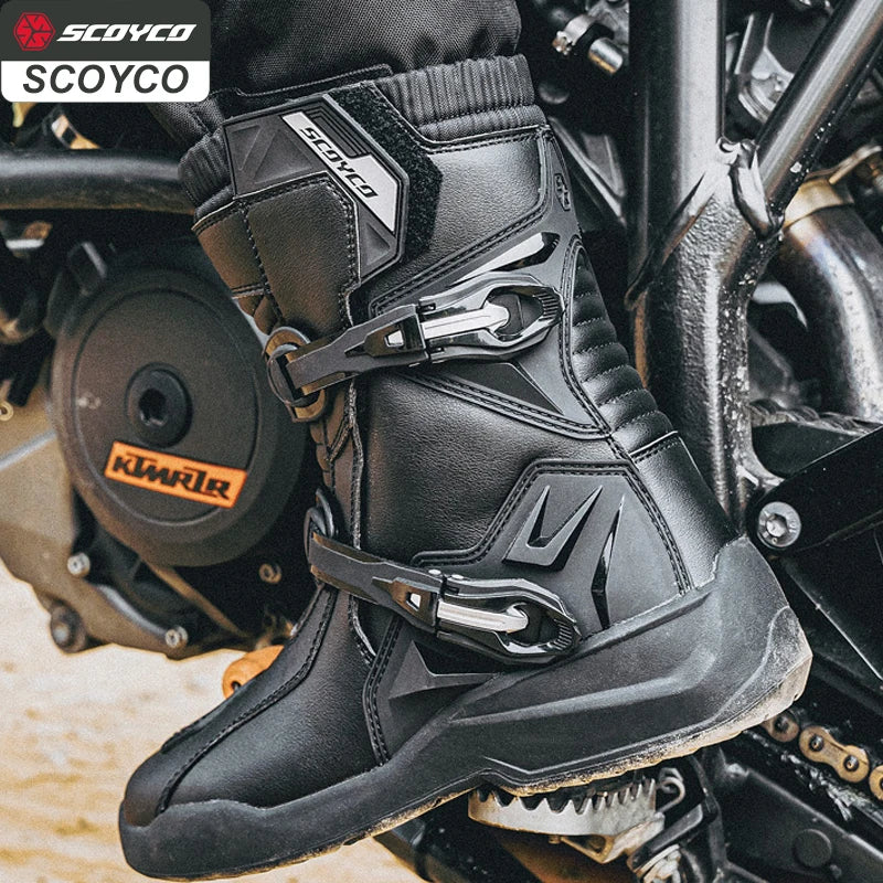 SCOYCO Motorcycle Protective Boots Men Waterproof Enduro Motorcyclist Shoes TPU Leather Anti-slip Motocross Rally High Top Boots