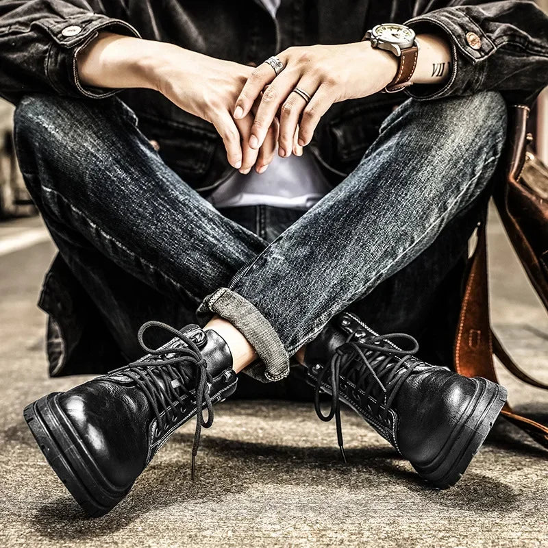 Luxury Men Boots Fashion Designer Motorcycle Boots for Men High Top Leather Casual Shoes Retro British Style Men Ankle Boots New