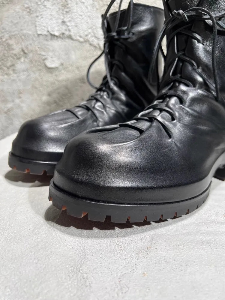 Gothic Designer Men High Top Sheepskin Genuine Leather Ankle Boots Lace Up Thick Platform Runway Shoes Vintage Work Safety Boots