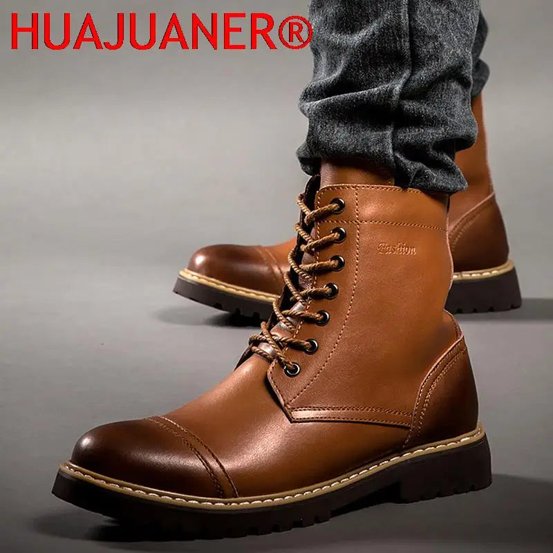 Genuine Leather Men's Boots Plush Warm Winter Boots High Quality Men Motorcycle Boots Fashion Tooling Shoes