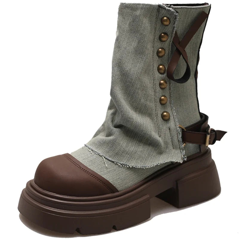 Fall Student Fashion Ankle Boots New Canvas Cowboy Shoes Women's Outdoor Platform Boots Luxury Designer Brand Motorcycle Boots