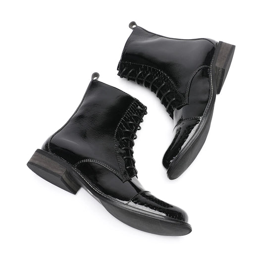 Botas Black Round Toe Patent Leather Male Short Boots for Men Plus Size Outdoors Lace Up Motorcycle Short Boots Men Dress Shoes