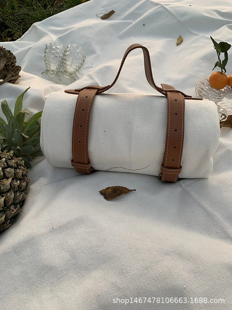 Solid Picnic Mat Paired with Picnic Trendy Leather Handle Beach Blanket  Sleeping Pad  Camping Tarp Waterproof  Beach Mat