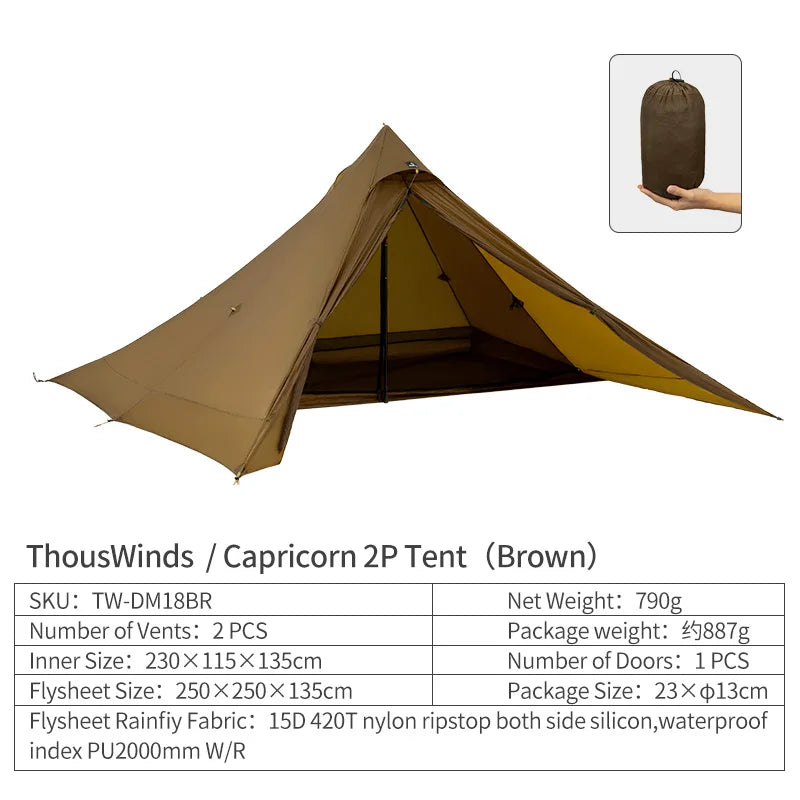 Thous Winds Capricorns 2 Person Tent Ultralight Hiking Tent Trekking Poles Tent 15D Ripstop Nylon Both Side Silicon Outdoor Tent