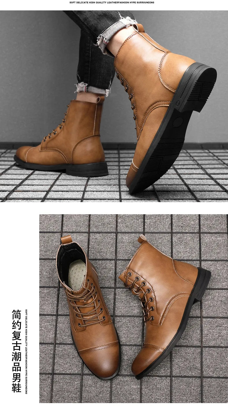 2024 Autumn and Winter New Fashion Pointy Retro Leather Boots High Top British Casual Men's Shoes Large Size 38-48