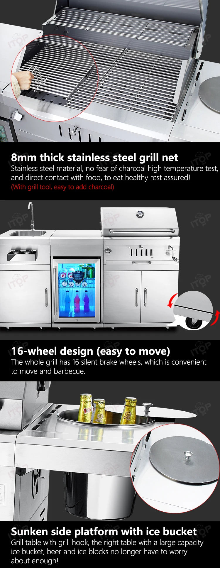 Outdoor Charcoal Bbq Grill With Chiller and Sink Stainless Steel 304 Barbecue Grill Bbq Stove Outdoor Stainless Steel Bbq Grill