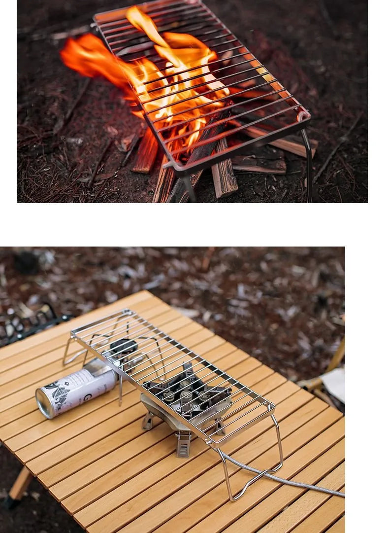 Outdoor Portable BBQ Grill Mini Pocket Stovetop Folding Campfire Bracket Grill Stainless Steel Camping Gas Stove BBQ Stand Pot