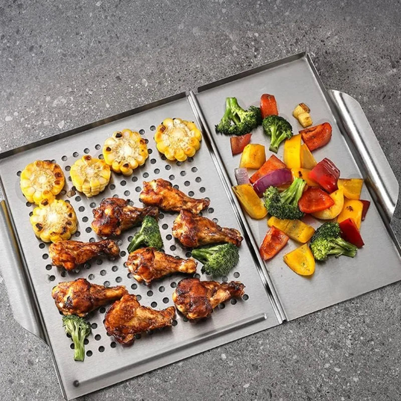 Stainless Steel Griddle Grill Pan 2-in-1 Stove Top Grill Plate Grilled Pan Vegetable Plate Grill Barbecue Trays Outdoor Grilling