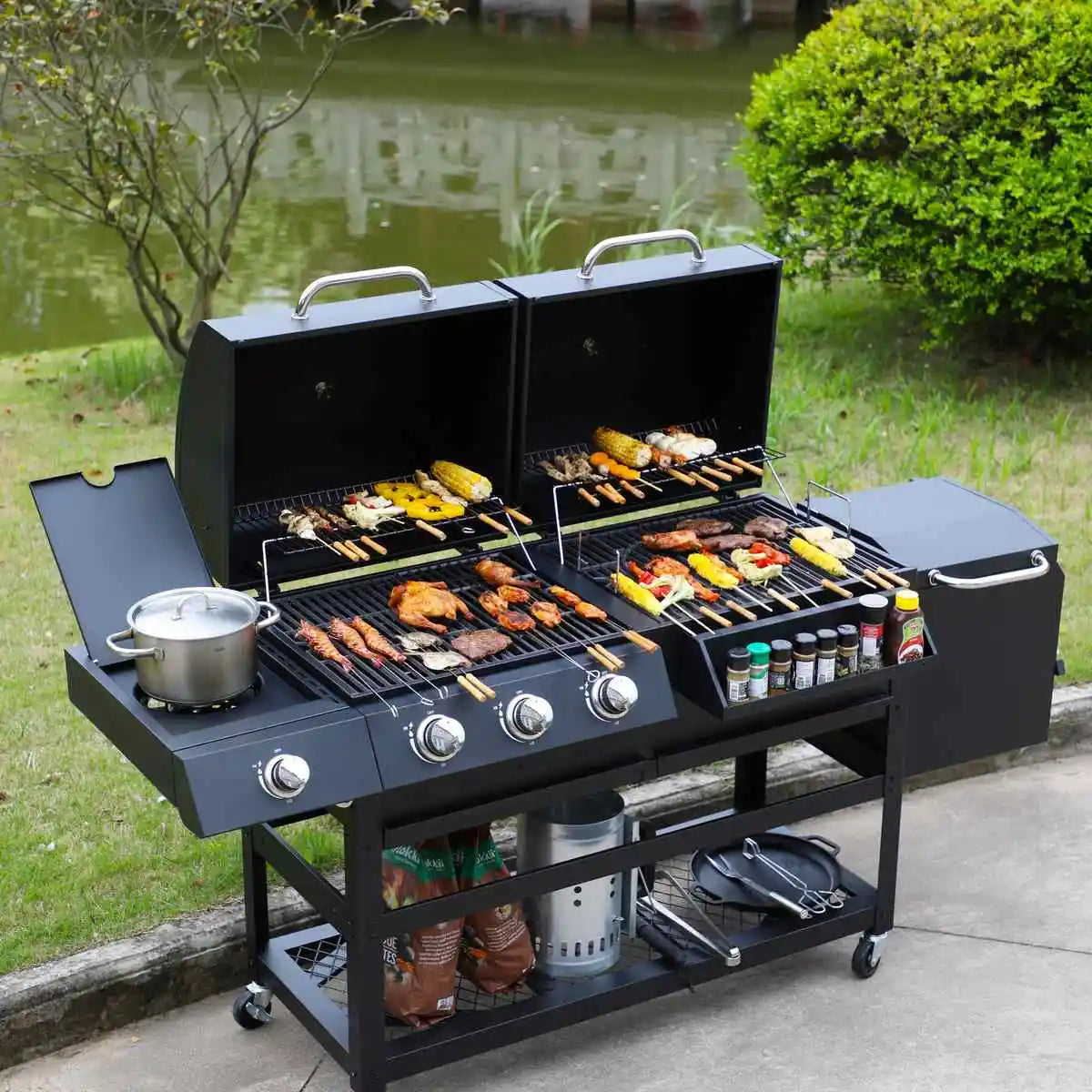Grill Burner Gas & Charcoal Outdoor with Side Smoker Coated Finish for Family Gatherings
