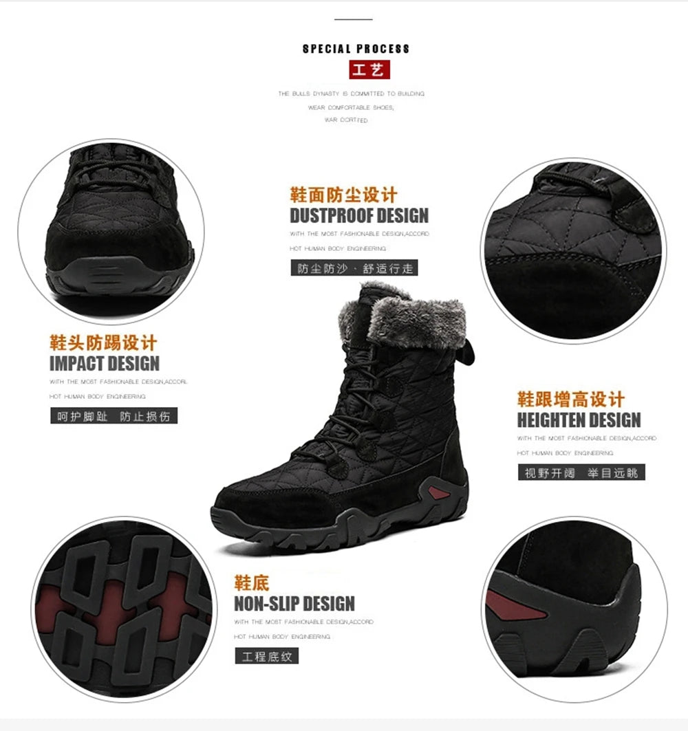 Motorcycle Winter Snow Boots Thickened Thermal Plush Boots Waterproof Outdoor Hiking Shoes Cow Leather Warm Skiing For Men