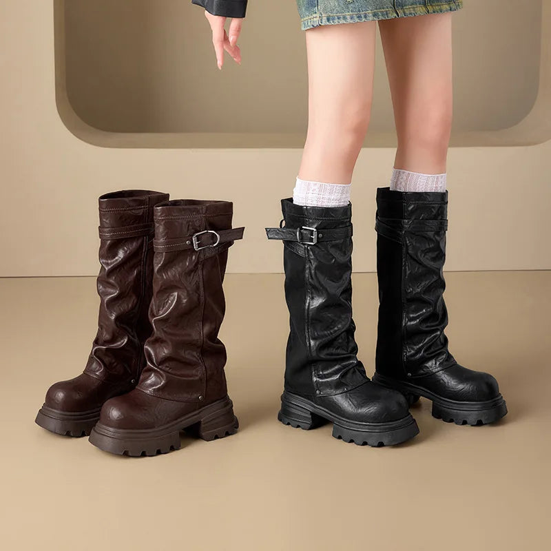 Fujin 8cm Knee High Boots Sexy for Women Platform Heel Motorcycle Booties Punk Genuine Leather Autumn Comfortable Chunky Shoes