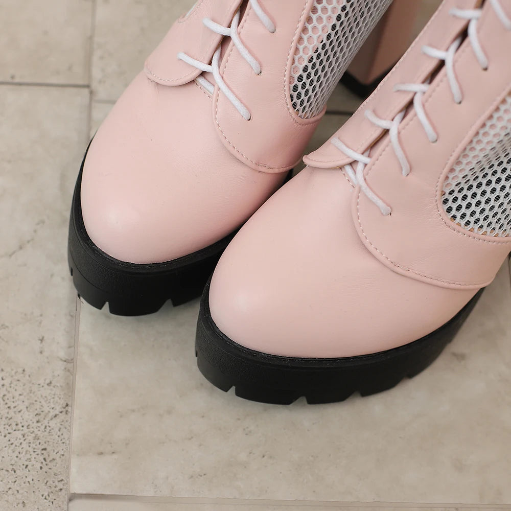 2026 PU Leather Women Knee High Heel Boots Platform Square High Heel Women Summer Boots Fashion Mesh Women's Shoes Pink Yellow