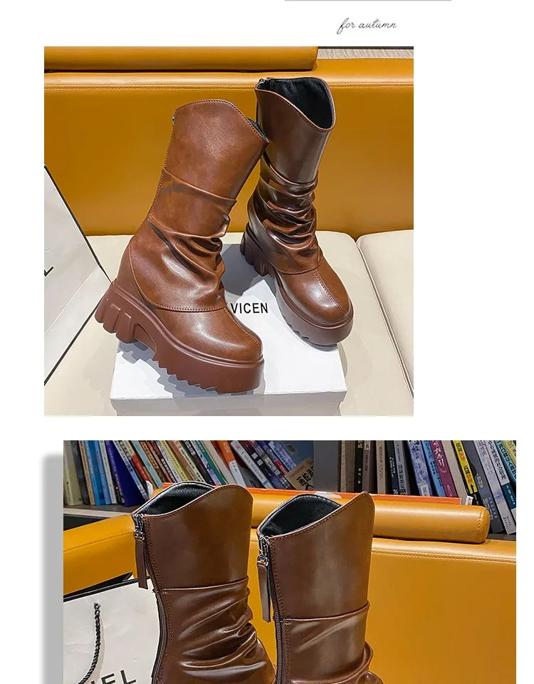 9CM Women Mid Calf Boots Autumn Winte Soft Leather Motorcycle Boots High Platform Square Heels Ladies Chunky Shoes Botas Mujer